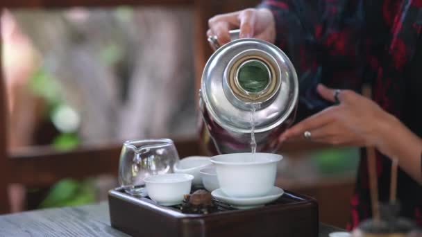 Process Brewing Tea Woman Steeping Herbal Tea Enjoying Slow Afternoon — Stock Video