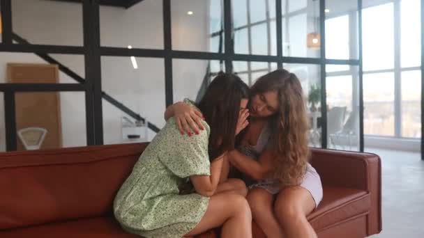 Duas Jovens Mulheres Atraentes Sentam Sofá Sala Falam Sobre Algo — Vídeo de Stock
