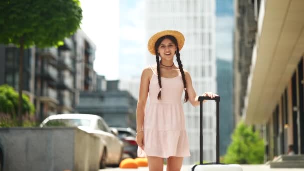 Young Beautiful Woman Walks White Suitcase — Video Stock