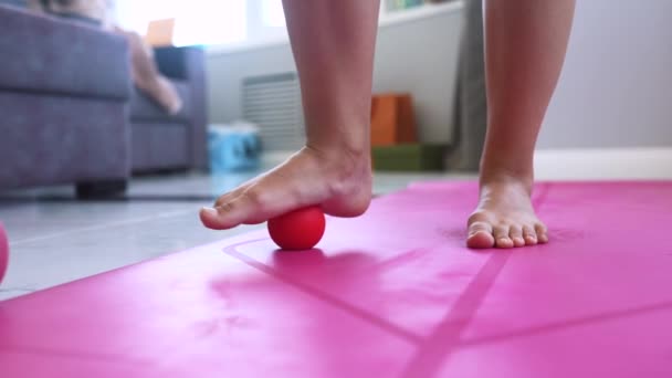 Woman Massages Foot Ball Ball Apply Pressure Painful Spot Raise — Vídeo de Stock