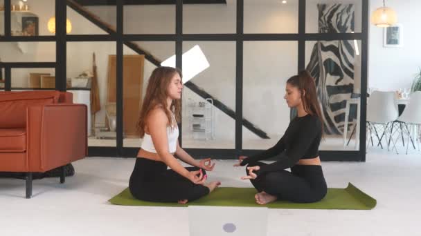 Two Girls Practice Yoga Home — Wideo stockowe