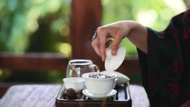 Process Brewing Tea Woman Steeping Herbal Tea Enjoying Slow Afternoon — 图库视频影像