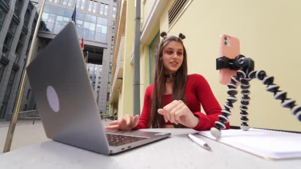 Young Woman Summer Cafe Doing Remote Work Freelancer Woman Small — Video