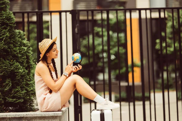 Beautiful Young Woman Holds Small Globe Her Hands Lifestyle Travel — 图库照片