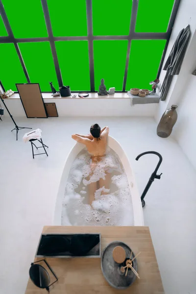 Happy Woman Bathing Home Relaxation Wellness Top View — Fotografia de Stock