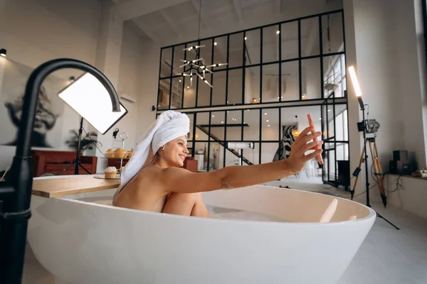 Woman Taking Selfie While Taking Bath — 스톡 사진