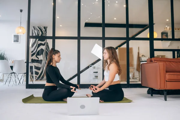 Two Young Women Meditating Lotus Pose Yoga — Stock fotografie
