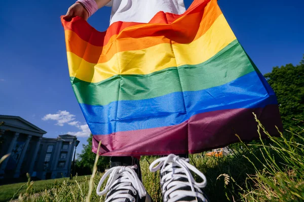 Young Woman Holding Lgbt Pride Flag Her Hands Close View — 图库照片