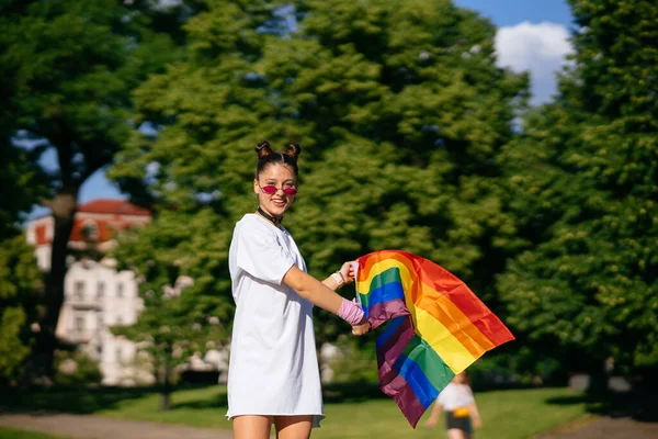 Young Woman Lgbt Pride Flag Walking Park — Stockfoto