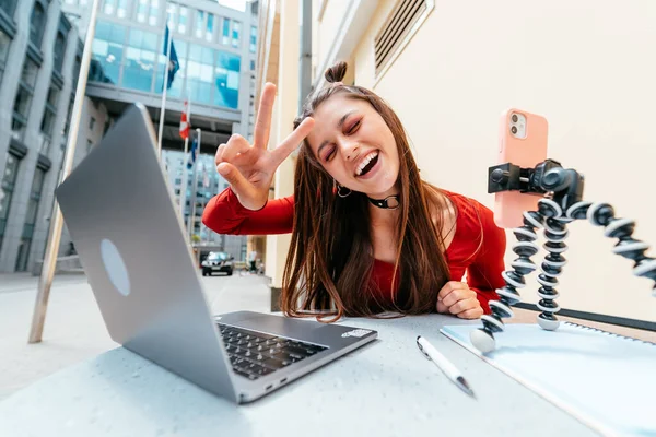 Young Woman Summer Cafe Doing Remote Work Freelancer Woman Small — Fotografia de Stock