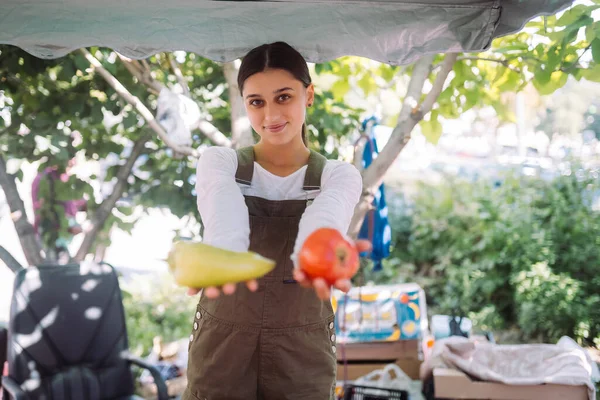 Young Positive Salesgirl Job Selling Sells Home Grown Vegetables Fruits — Photo