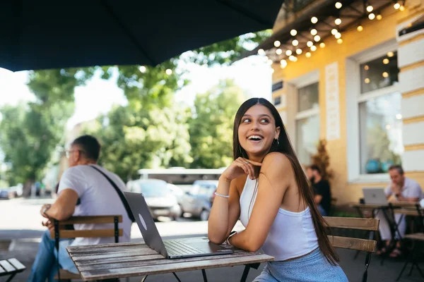 Young Woman Sitting Street Cafe — 스톡 사진