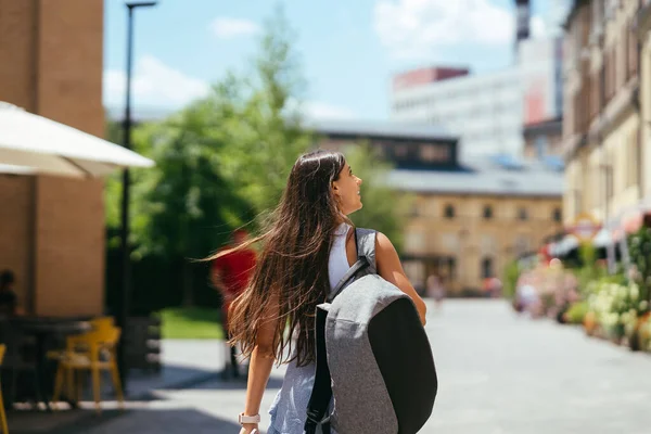 Urban Young Hipster Woman Stylish Backpack Walks City Building Spring — 스톡 사진