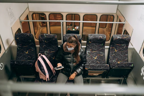 Young Woman Mask Traveling Public Transport Bus Unique Protective Mask — Fotografia de Stock