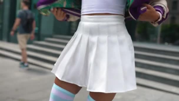 Very Beautiful Slim Young Girl Short Skirt Spinning Street — Stockvideo