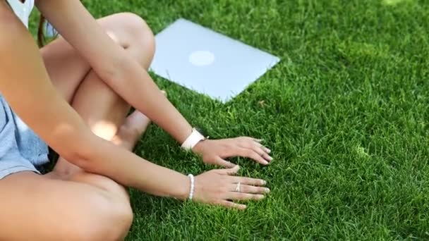 Young Woman Touches Grass Her Palms Green Lawn — Vídeos de Stock