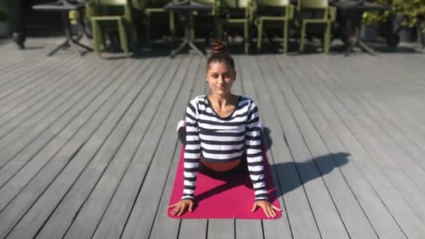 Young Sporty Happy Woman Sportswear Doing Stretching Exercises Yoga Mat — Stock Video