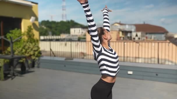 Young Sporty Happy Woman Sportswear Doing Stretching Exercises Yoga Mat — Video Stock