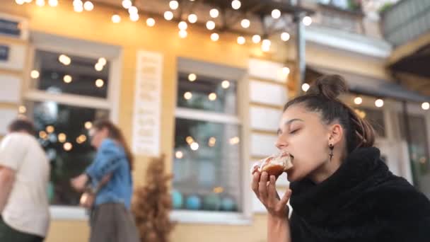 Wman Who Eating Donut White Frosting — Vídeo de Stock