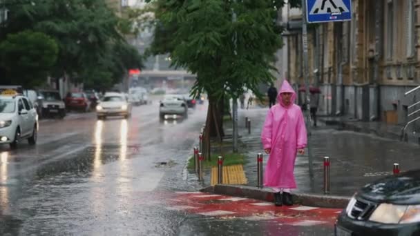 Young Smiling Woman Pink Raincoat Street While Enjoying Walk City — 비디오