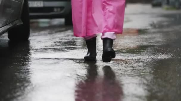 Pembe Yağmurluklu Bir Kadın Yağmurlu Bir Günde Şehirde Yürüyor — Stok video