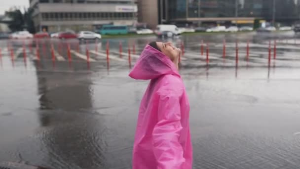 Young Woman Raincoat Waiting Someone Rain — Video