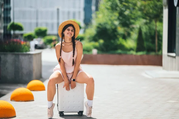 Lifestyle Travel Concept Young Beautiful Caucasian Woman Sitting Suitecase — Stock Fotó