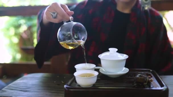 Διαδικασία Τσάι Παρασκευής Γυναίκα Steeping Τσάι Από Βότανα Και Απολαμβάνοντας — Αρχείο Βίντεο