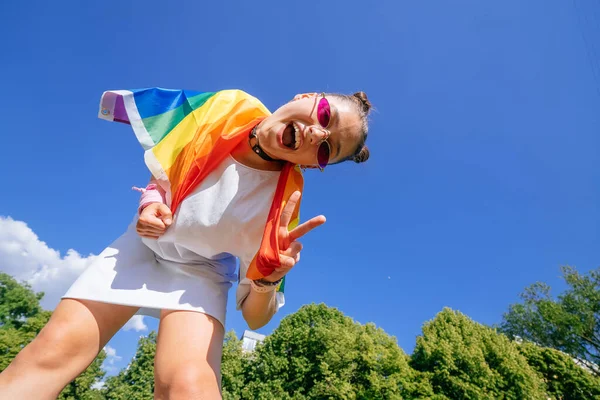 Young Woman Develops Rainbow Flag Sky Support Lgbt Community — Photo
