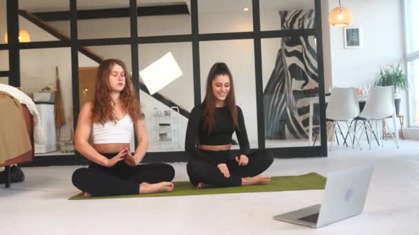 Две Девушки Практикуют Йогу Дома — стоковое видео