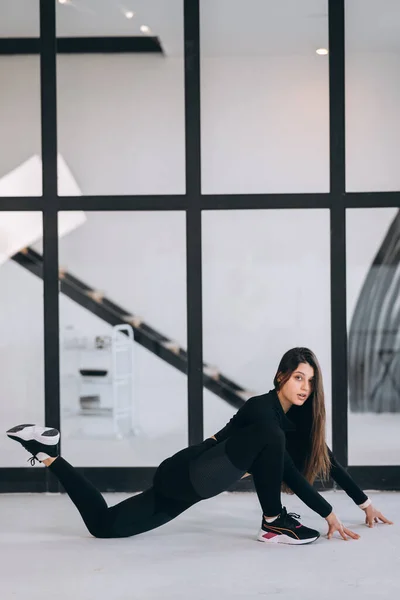 Side View Flexible Girl Exercising Yoga Pose Indoors Concept Yoga — Stock Fotó