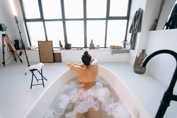 Happy Woman Bathing Home Relaxation Wellness Back View — 스톡 사진