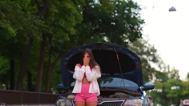 Egy Lerobbant Autós Úton Komoly Stresszes Volt Keress Segítséget — Stock videók