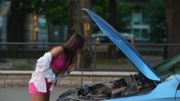 Woman Broken Car Road She Feeling Serious Stressed Look Someone — Vídeos de Stock