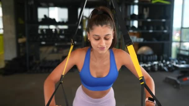 Young Athletic Woman Perfect Body Sportswear Doing Exercises Trx Fitness — Stock Video