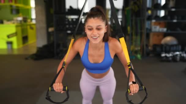 Young Athletic Woman Perfect Body Sportswear Doing Exercises Trx Fitness — Stock Video