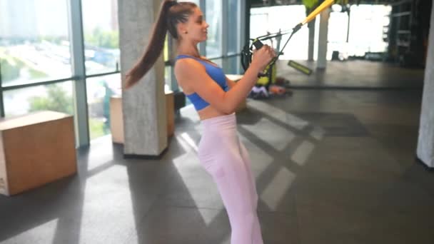 Young Athletic Woman Perfect Body Sportswear Doing Exercises Trx Fitness — Stock Video