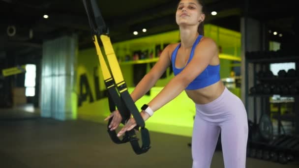 Young Athletic Woman Perfect Body Sportswear Doing Exercises Trx Fitness — Stock Video