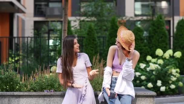 Conversa Amigável Vista Lateral Duas Belas Mulheres Jovens Conversando Livre — Vídeo de Stock
