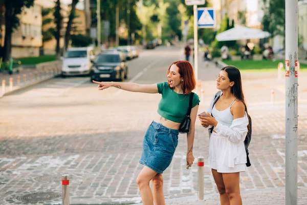 Två Turist Vänner Konsultera Online Guide Smart Telefon — Stockfoto