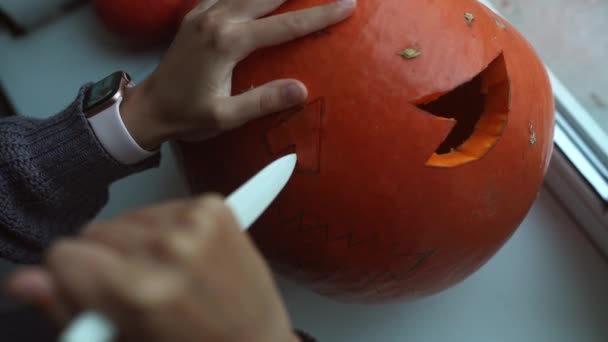 Vacanze Halloween Decorazione Concetto Persone Primo Piano Della Donna Con — Video Stock