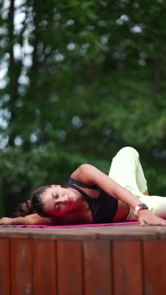 Young Woman Practising Yoga Wooden Podium Morning — Stock Video