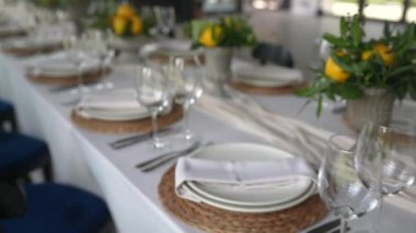Decorated wedding banquet hall in classic style. Restaurant interior for banquet, wedding deco