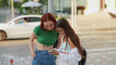 İki turist arkadaş akıllı bir telefondan online rehbere başvuruyor.