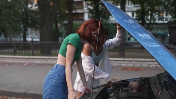 Mulheres Com Carro Avariado Estrada Procure Ajuda Alguém — Vídeo de Stock