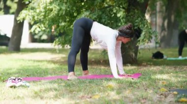 Bir grup genç spor kadın parkta eğitmenle yoga dersi veriyor.