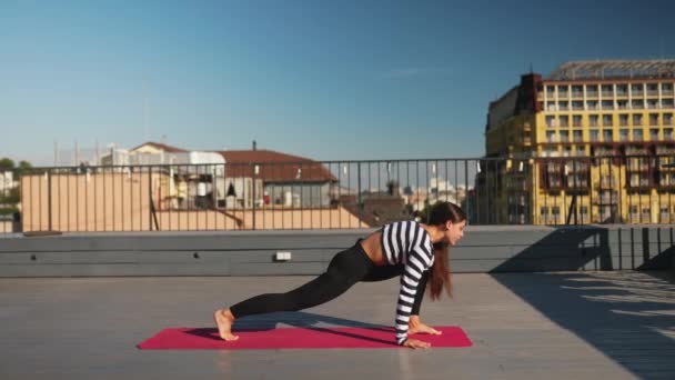 Young Sporty Happy Woman Sportswear Doing Stretching Exercises Yoga Mat — стоковое видео