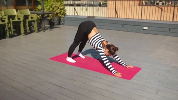Young Sporty Happy Woman Sportswear Doing Stretching Exercises Yoga Mat — Wideo stockowe