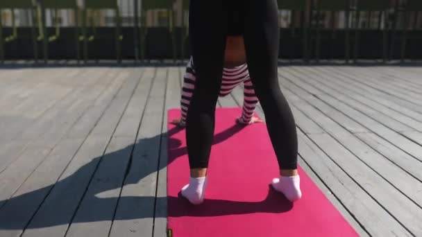 Young Sporty Happy Woman Sportswear Doing Stretching Exercises Yoga Mat — Stock video