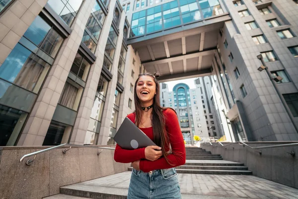 Beautiful Young Woman Street Working Using Computer Laptop — 스톡 사진